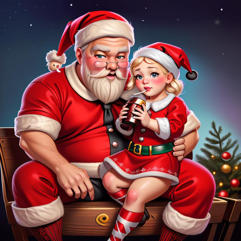 Father with little daughter. A pretty cute girl sitting with fat Santa Claus holding Coca Cola, Christmas Theme Art by Gil_Elvgren and Haddon_Sundblom, midjourney prompts