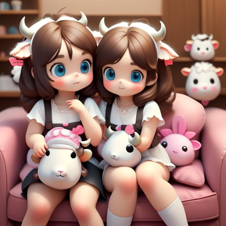 sitting girl playing with cheeky sister. Carrying bull fluffy cow toys. Cute faces and eyes. Movie cookie in chair. Best free online image generators